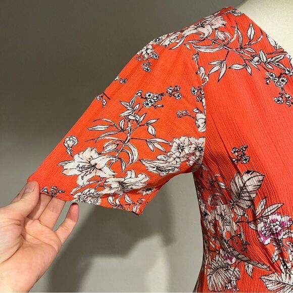 Button down floral blood orange short sleeve dress - Picture 5 of 15